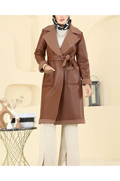 Modamorfo Beli Belted Double Pocket Fur Lined Leather Coat - Tan