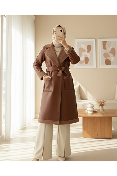 Modamorfo Beli Belted Double Pocket Fur Lined Leather Coat - Tan
