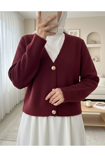Modamorfo Soft Knit Cardigan with Buttons on the Front - Burgundy