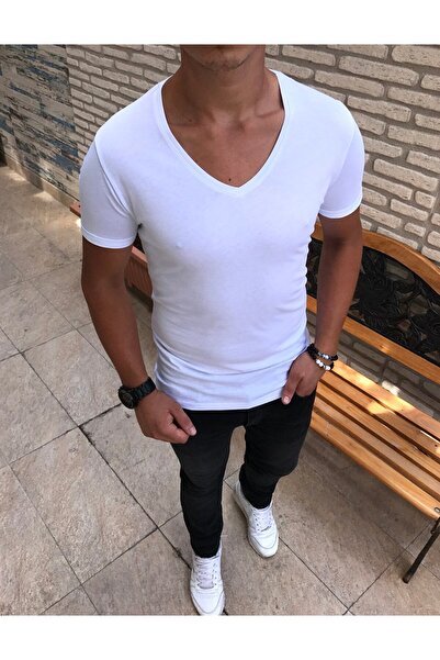TerziAdemAltun Βασικό μπλουζάκι με κοντό μανίκι σε ιταλικό στυλ με λαιμόκοψη σε σχήμα V Λευκό T4632