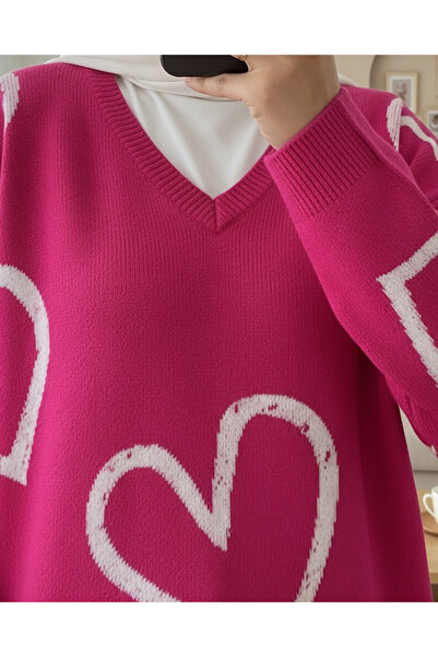 Modamorfo Pletený svetr s výstřihem do V - Fuchsiová