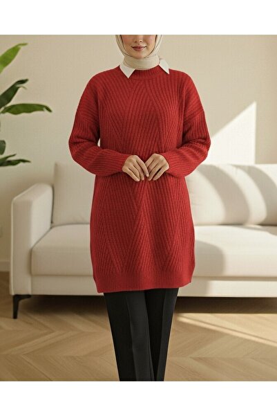 Modamorfo Knitted Diamond Patterned Knitwear Tunic -Red