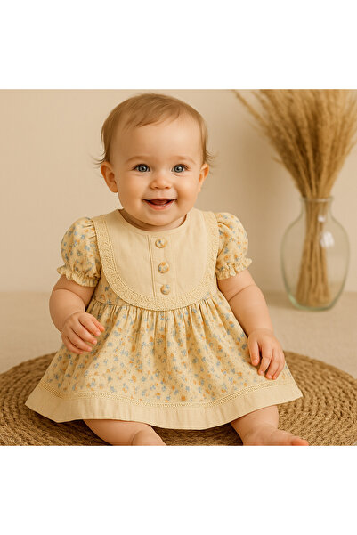 GMG Baby Muslin Fabric, Button - Guipure Detail Dress Cream