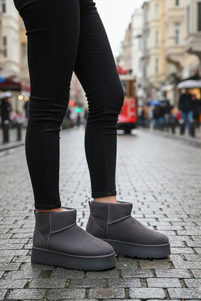 Dark Heel Kadın Gri Kışlık İçi Kürk Süet Kalın Taban Bot Rahat Günlük Sıcak T...