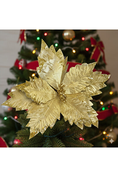 DODOMAR Floare de Crăciun Ponsetia cu foiță aurie de 35 cm – Ornament mare pentru copac cu boboci cu paiete