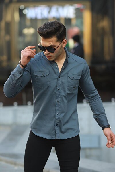 WOWA COMPANY Ανδρικό τζιν πουκάμισο με διπλή τσέπη με λεπτή εφαρμογή