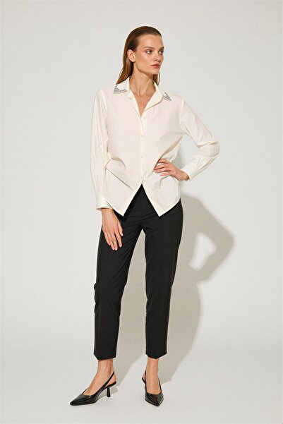 Setre Ecru 100% Cotton Collar Stone and Sleeve Detailed Shirt