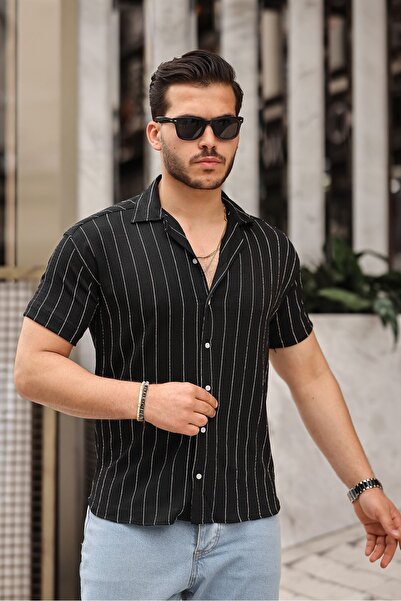 comstar Men's Trend Summer Short Sleeve Striped Black Shirt