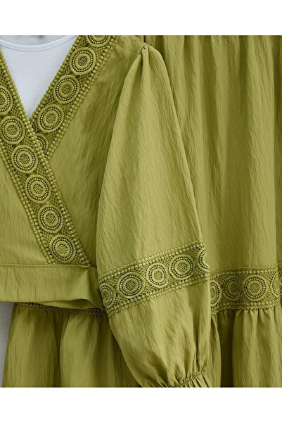 Modamorfo Lace Detailed Tie-Up Sleeve Elastic Waist Skirt Suit - Olive