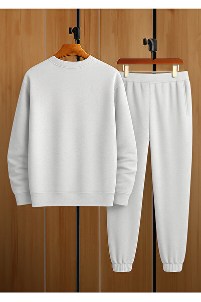 DUBU BUTİK Wings Tracksuit Set Sweatshirt Jogger - Gray Printed Oversized Fleece-Lined Crew Neck