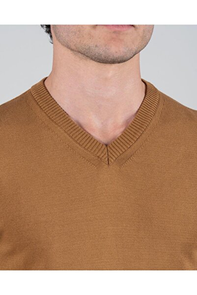 TerziAdemAltun Ανδρικό πλεκτό πουλόβερ με λαιμόκοψη σε ιταλικό στυλ Camel T8734