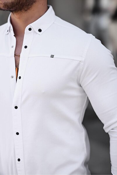 comstar Men's Basic Plain Slim Fit Long Sleeve White Denim Shirt