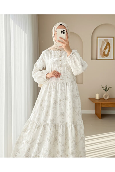 Modamorfo Φόρεμα με λαβή ελαστικό μισό κουμπί ζακάρ εμπριμέ - Λευκό