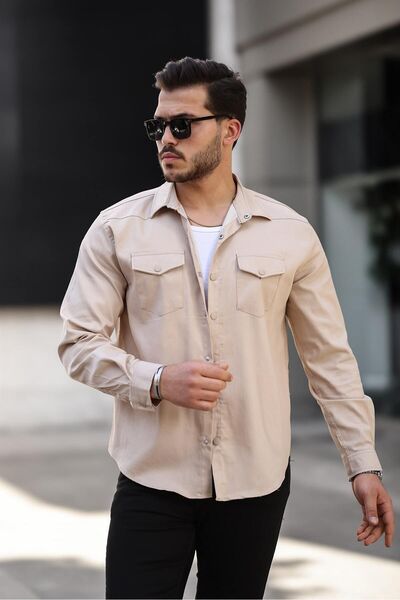 comstar Men's Seasonal Trendy Cream Denim Shirt with Pocket and Snaps