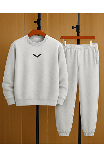 DUBU BUTİK Wings Tracksuit Set Sweatshirt Jogger - Gray Printed Oversized Fleece-Lined Crew Neck
