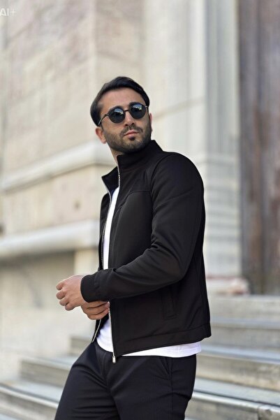 BM BALANCEMODA Ανδρικό μαύρο σουέτ μπουφάν με ψηλό γιακά