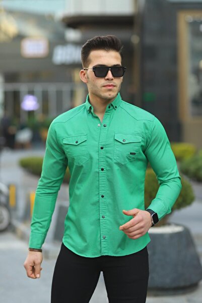WOWA COMPANY Ανδρικό πουκάμισο με μακρυμάνικο πράσινο τζιν με τσέπες