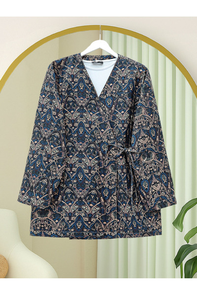 Modamorfo Patterned Lined Quilted Kimono with Tie-Waist Pockets - Navy
