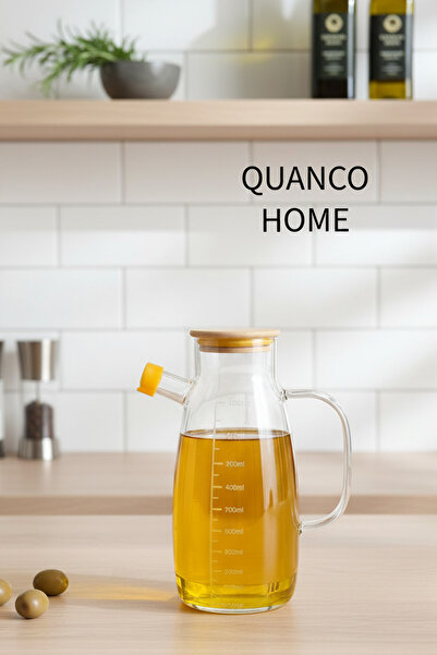 quanco Yağdanlık-Borosilikat Cam Yağdanlık 1000ml – Bambu Kapaklı Ölçülü Sağl...