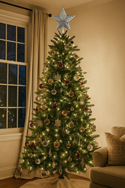 DODOMAR زينة شجرة عيد الميلاد (23 سم) - نجمة متداخلة بلون فضي، زينة شجرة الصنوبر الفاخرة كبيرة الحجم