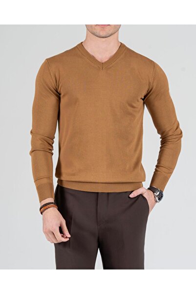 TerziAdemAltun Ανδρικό πλεκτό πουλόβερ με λαιμόκοψη σε ιταλικό στυλ Camel T8734