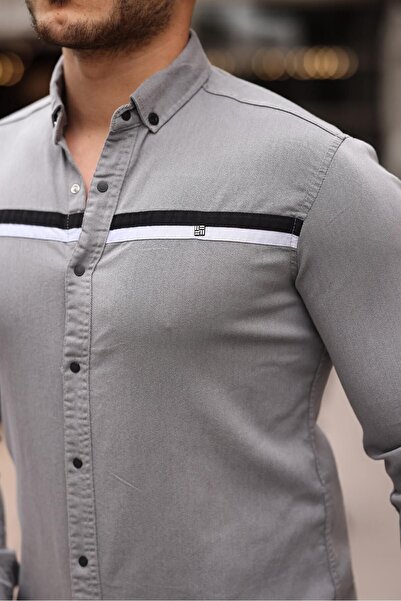 comstar Men's Slim Fit Striped Long Sleeve Tight Smoked Denim Shirt