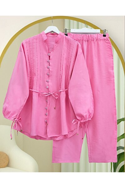 Modamorfo Buttoned V-Neck Tunic Trousers Set with Sleeves - Pink