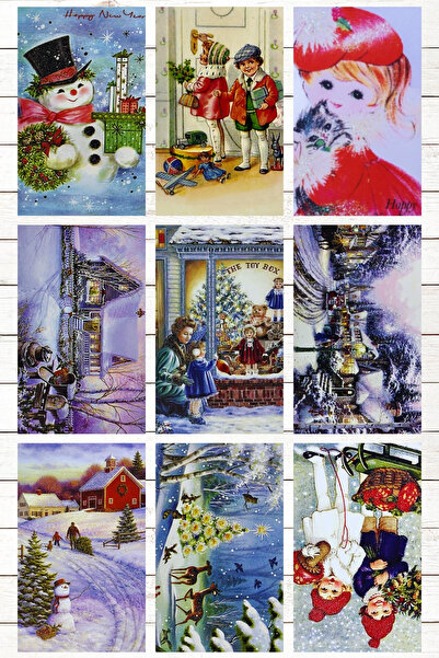 Bimotif 9lu Simli Yılbaşı Kartpostal Seti (Vintage)