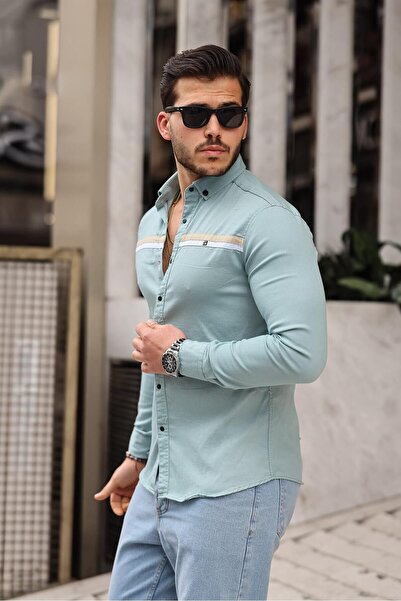comstar Men's Slim Fit Striped Long Sleeve Tight Mint Denim Shirt