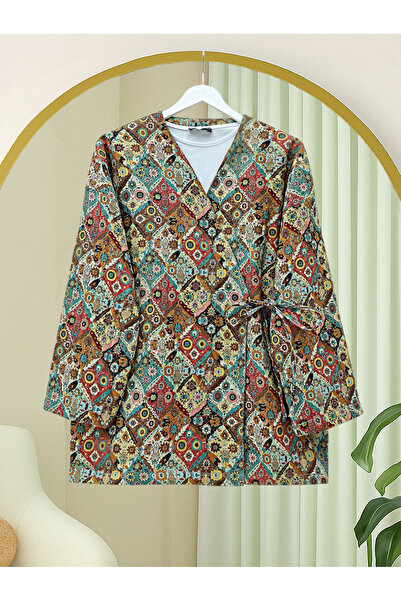 Modamorfo Patterned Lined Quilted Kimono with Tie-Waist Pockets - Beige
