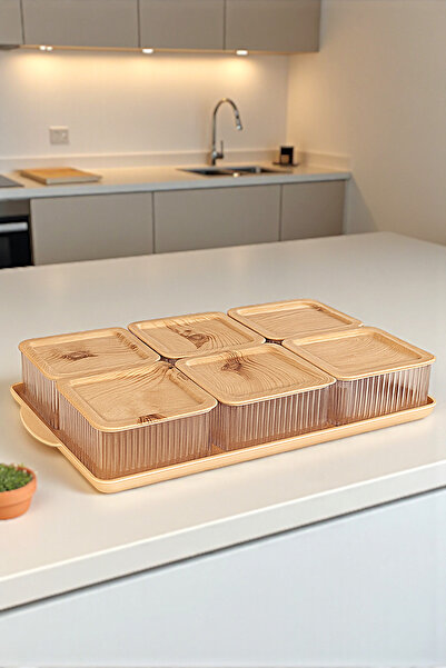 WuuQ 6'lı Büyük Boy Tepsili Bambu Kapak Görünümlü Kare Bölmeli Kapaklı Kahvaltı Seti - Şeffaf