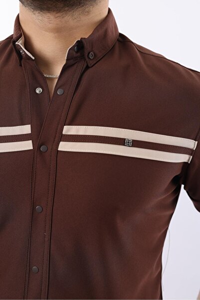 comstar Men's Short Sleeve Tight Summer Double Striped Coffee Shirt