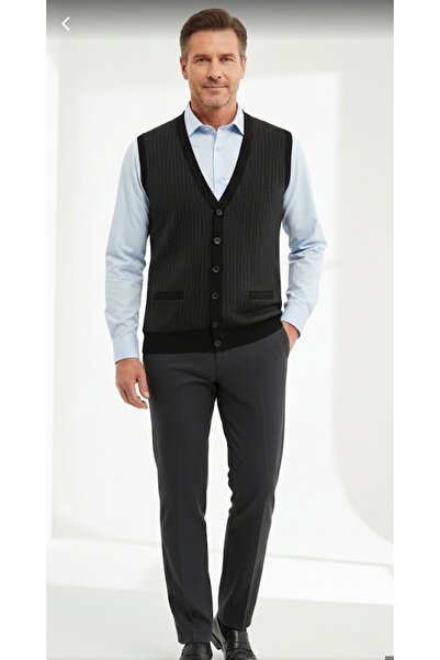güncüoğlu Buttoned Double Pocket Steel Knit Men's Knitwear Vest