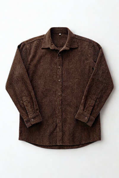 A&O Style Ανδρικό μακρυμάνικο βελούδινο πουκάμισο σε σκούρο καφέ χρώμα oversized