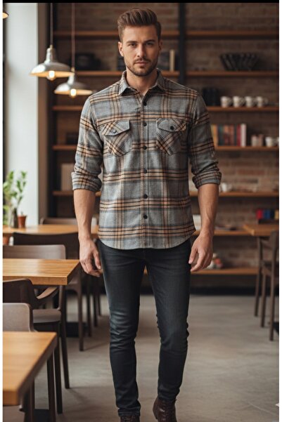 Grand Star GÜNCÜOĞLU %100 YÜN UZUN KOLLU ÇİFT CEPLİ SLİM FİT ODUNCU ERKEK GÖMLEK