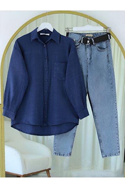 Modamorfo Λινό πουκάμισο με ένα κουμπί τσέπης - Navy