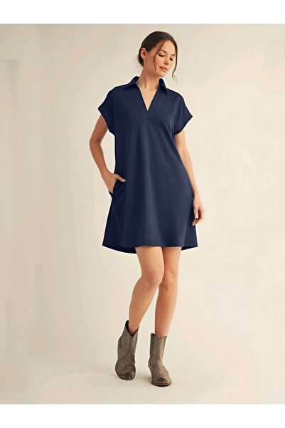 Modamorfo Shirt Collar Pocket Single Jersey Combed Cotton Dress - Navy