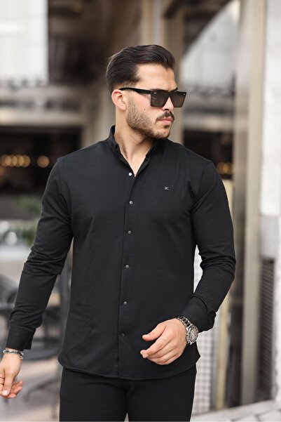 comstar Men's Basic Snap Fastener Winter Long Sleeve Black Shirt