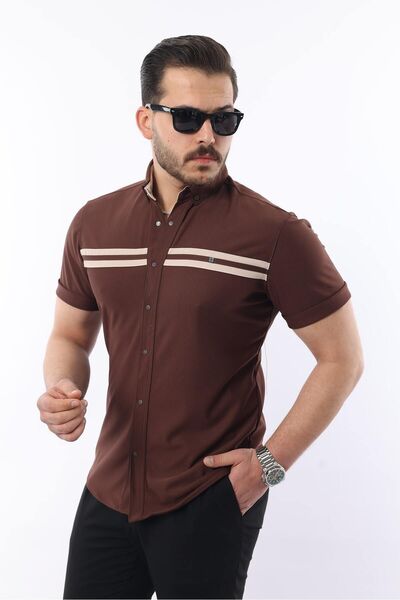 comstar Men's Short Sleeve Tight Summer Double Striped Coffee Shirt