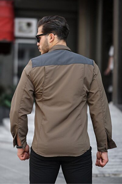 comstar Men's Parachute Fabric Tight Long Sleeve Basic Khaki Shirt