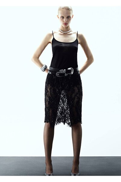 MANGO Woman Boncuklu dantel etek