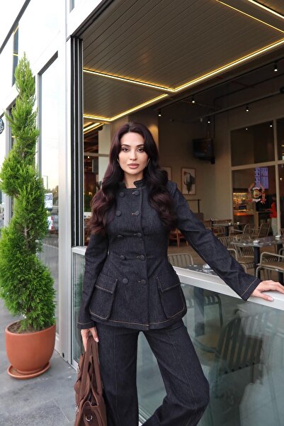 Julidress Black Button Detailed Blazer Jacket and Pants Bottom Top Premium Denim Suit