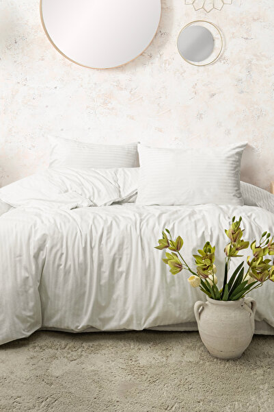 True Home Collection Pat dublu Ç cu dungi Satin N lenjerie de pat Alb |   Mat...