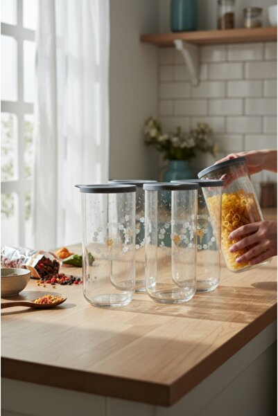 LAV Duo Storage Container Set of 6 - Glass Jar Food Storage Container Set Gray 1400 Ml. (Flower Decorated)