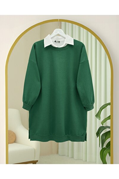 Modamorfo Crew Neck Slit Combed Cotton Sweatshirt - Emerald