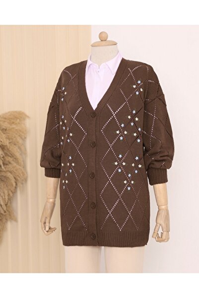 Modamorfo Openwork Floral Embroidered Buttoned Knitwear Cardigan - Coffee