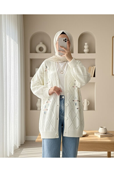 Modamorfo Openwork Floral Embroidered Buttoned Knitwear Cardigan