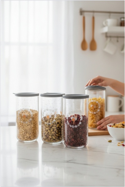 LAV Duo Storage Container Set of 6 - Glass Jar Food Storage Container Set Gray 1400 Ml. (Flower Decorated)