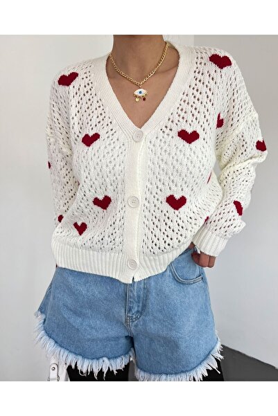 Modamorfo Heart Pattern Buttoned Openwork Knitted Cardigan