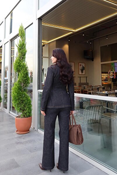 Julidress Black Button Detailed Blazer Jacket and Pants Bottom Top Premium Denim Suit